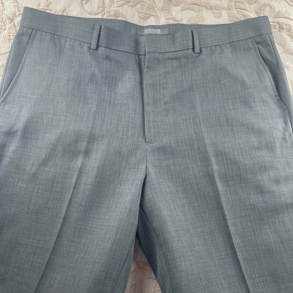 Kenneth Cole Reaction Mens Grey Herringbone Dress Pants 38x32 Flat Front Regular - Picture 5 of 5